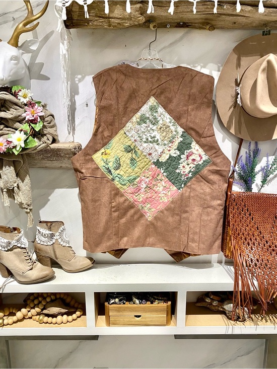 Jackets & Blazers - Upcycled Quilted back detailing on vegan suede boho vest rustic cottagecore vibe